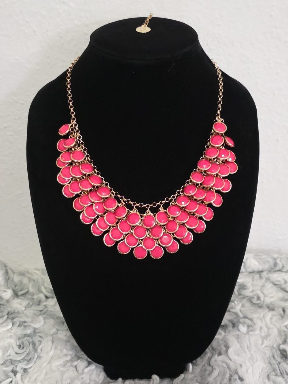 Hot Pink Statement Necklace Bib Fringe Style Bezel Set Beads In Gold Tone New